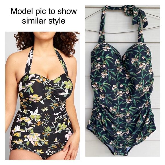 NEW Women’s L Tropical Hawaiian One Piece Swimsuit Built in Bra Bodysuit Ruched - Picture 1 of 10